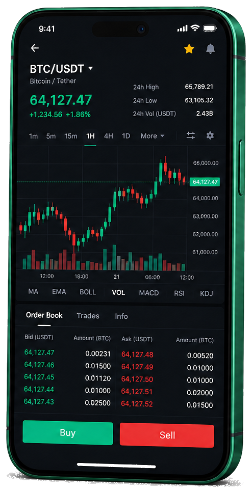Plateforme de trading Crête Fortunois sur mobile — graphique BTC/USDT en direct, carnet d'ordres et interface d'achat/vente